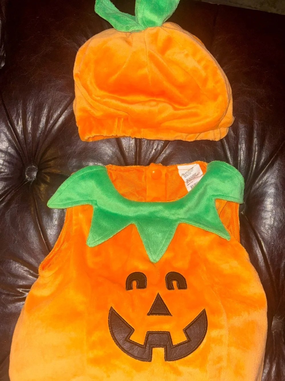 Kids Orange Pumpkin Costume with Green Collar and Hat 6M